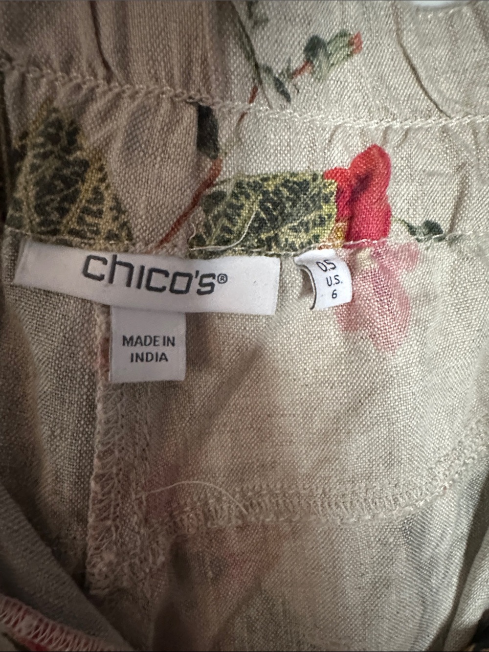 Chico's Beige 100% Linen Top with Red Floral & Green Leaves - Picture 2 of 10
